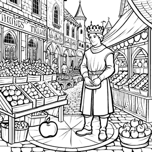 Königlicher Prinz auf dem bunten Marktplatz Ausmalvorlage für kreative Entdecker