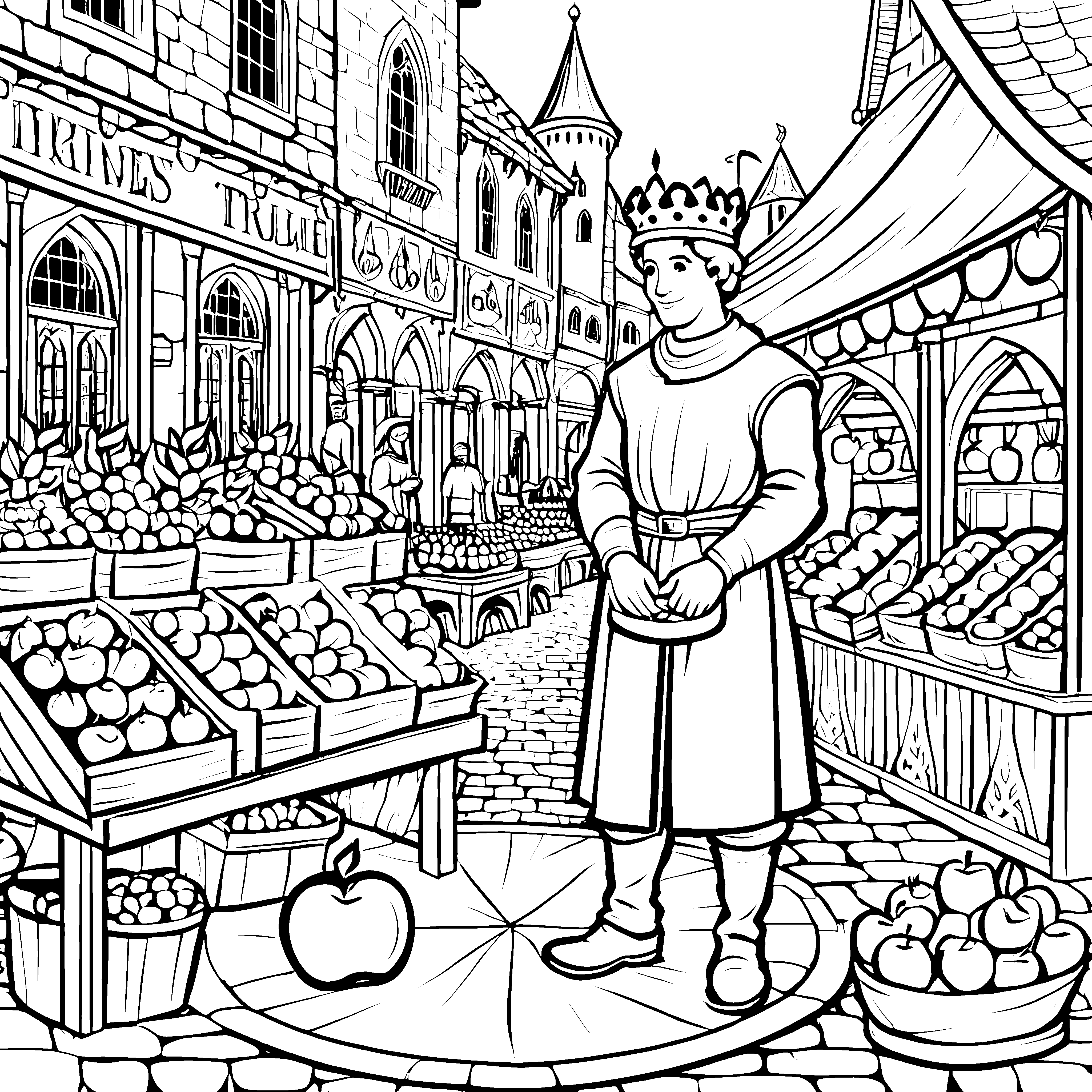Königlicher Prinz auf dem bunten Marktplatz Ausmalvorlage für kreative Entdecker