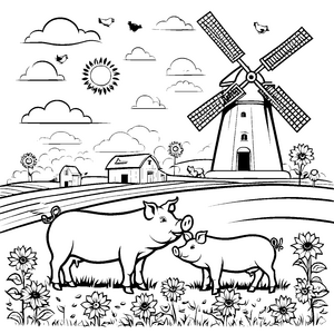 Lustige Schweine spielen fröhlich auf dem Bauernhof Ausmalvorlage für kleine Landliebhaber
