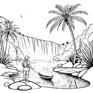 Tropische Wasserfälle im palmengesäumten Paradies Ausmalvorlage für kleine Abenteuerlustige