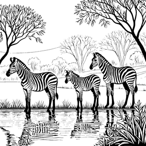 Zwei neugierige Zebra-Jungtiere am sprudelnden Wasser Ausmalvorlage für tierliebende Künstler