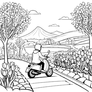 Bezaubernde Mopedfahrt durch blühende Landschaft Malvorlage für neugierige Entdecker