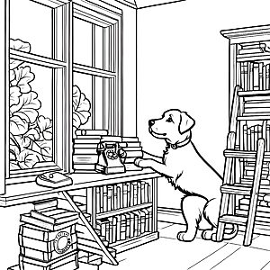 Verspielter Hund mit nostalgischem Festnetztelefon Ausmalbild für begeisterte Tierfreunde