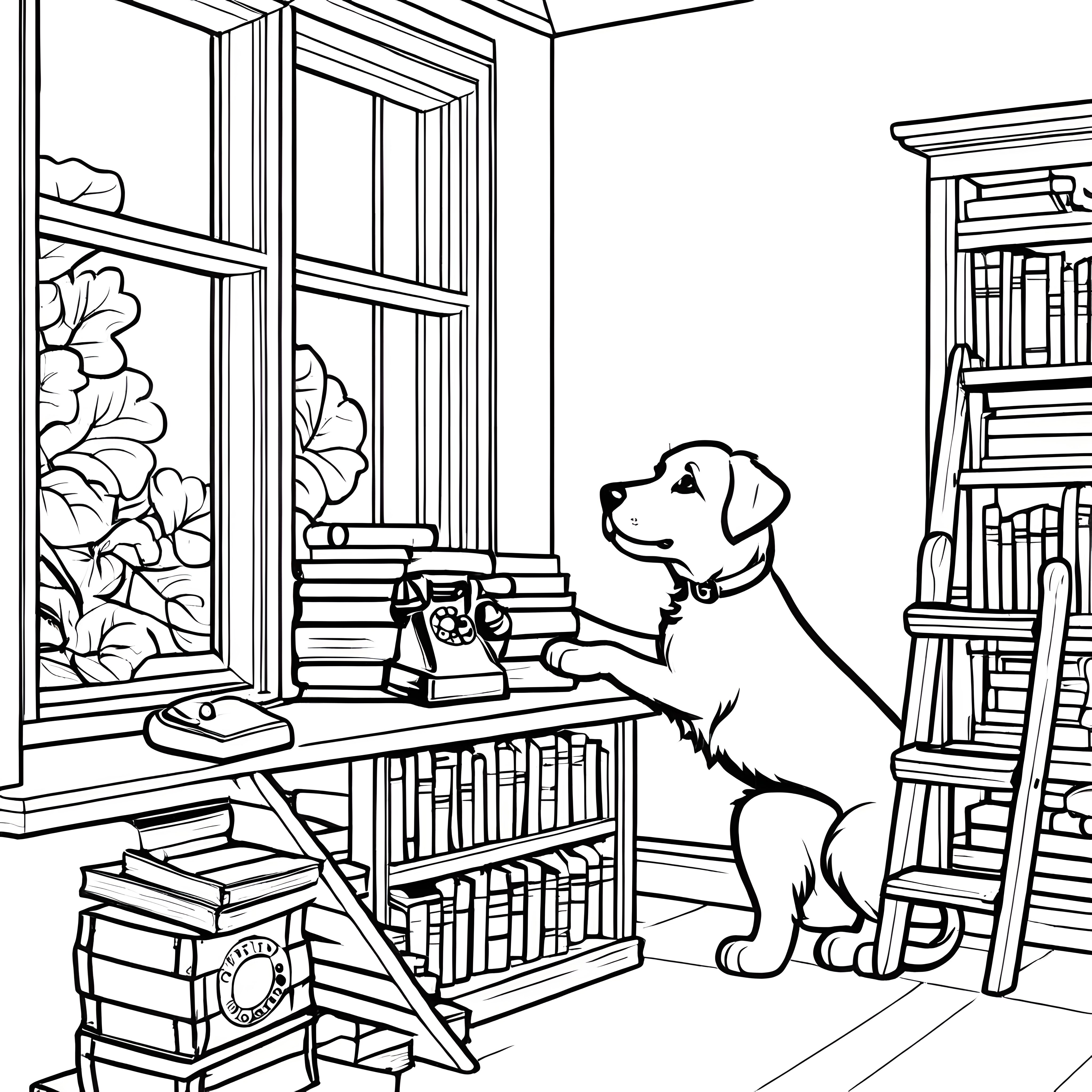 Verspielter Hund mit nostalgischem Festnetztelefon Ausmalbild für begeisterte Tierfreunde