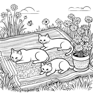 Drei entspannte Schmusekatzen im blühenden Garten Ausmalvorlage für liebevolle Tierfreunde