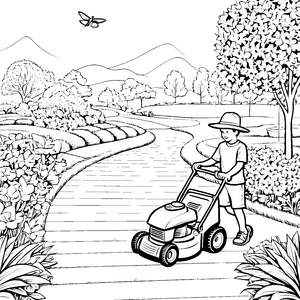 Kreativer Rasenmäher in blühendem Garten Ausmalvorlage für kleine Gartenfreunde