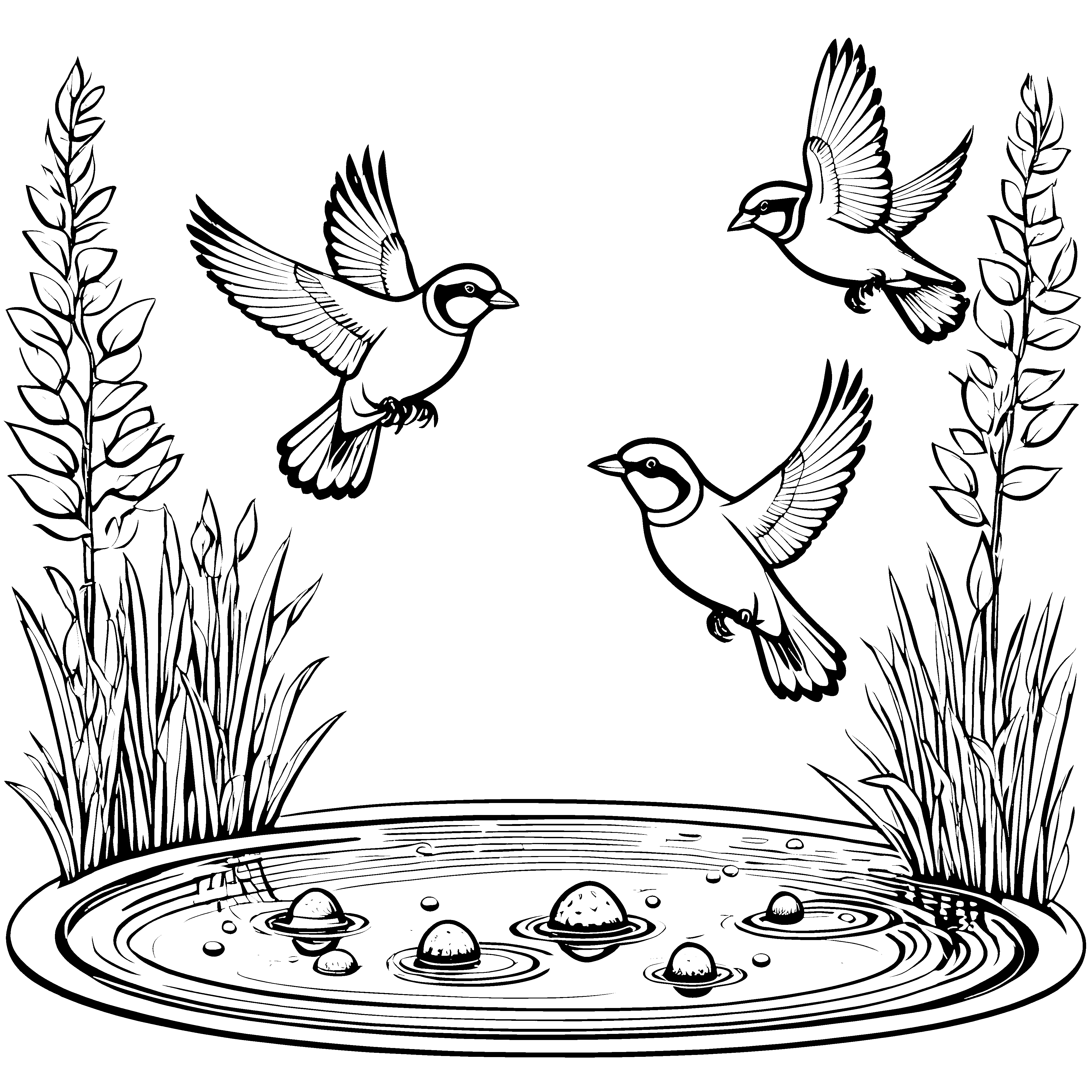 Spritzige Vögel im erfrischenden Teich Ausmalbild für abenteuerlustige Naturfreunde