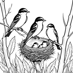 Süßes Vogelnest mit flauschigen Küken Ausmalbild für kreative Naturentdecker