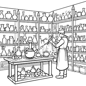 Spannender Alchemist bei der geheimnisvollen Mischung Ausmalvorlage für junge Entdecker