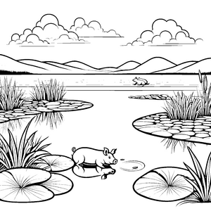 Hüpfendes Hängebauchschwein plantscht fröhlich im Teich Ausmalvorlage für spielerische Naturentdecker