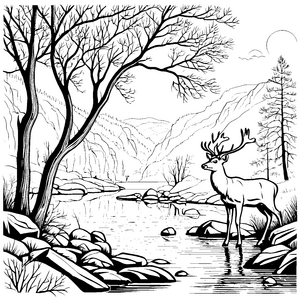 Majestätisches Reh am glitzernden Fluss Malvorlage für kreative Naturfreunde