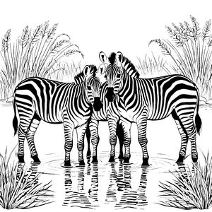 Junge Zebras plantschen vergnügt im Wasser Ausmalbild für neugierige Naturentdecker