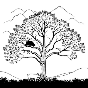 Hängebauchschwein gemütlich unter großem Baum Ausmalbild für neugierige Naturfreunde