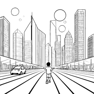 Futuristische Stadt mit schimmernden Hochhäusern Ausmalvorlage für neugierige Visionäre