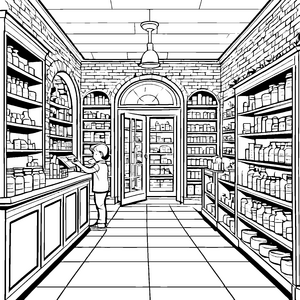 Pharmazeutische Entdeckung im bunten Laden Ausmalbild für neugierige Gesundheitsforscher