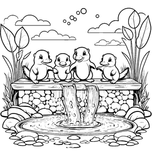 Verspielte Schnabeltier-Babys am sprudelnden Wasserfall Ausmalbild für neugierige Naturfreunde
