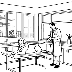 Tierarzt untersucht fröhlichen Hund auf dem Tisch Malvorlage für kleine Tierärzte