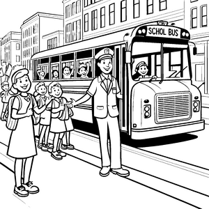 Gestiefelter Busfahrer vor freudigen Schülern Ausmalbild für neugierige Entdecker