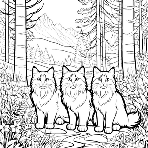 Drei majestätische Norwegische Waldkatzen im Wald Ausmalbild für abenteuerliche Tierfreunde