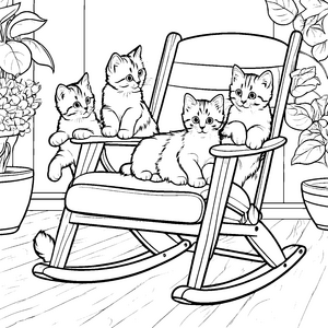 Gemütliche Schmusekatzen im Schaukelstuhl Ausmalbild für entspannte kleine Tierfreunde