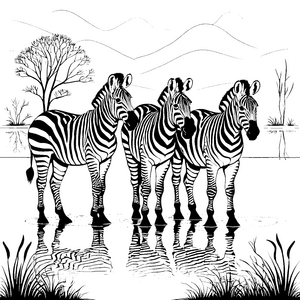 Drei bezaubernde Zebras am ruhigen Wasser Ausmalvorlage für neugierige Tierfreunde