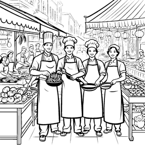Chefs beim fröhlichen Kochen auf dem Markt Ausmalvorlage für kreative Küchenprofis