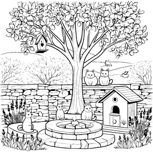 Kuschelige Schmusekatzen am Gartenbrunnen Malvorlage für fantasievolle Tierfreunde