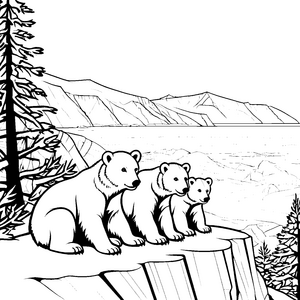 Drei niedliche Eisbärbabys am frostigen Ufer Ausmalbild für kleine Entdecker