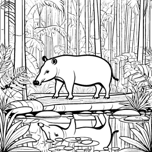 Entdeckungsreise mit neugierigem Tapir am Teich Ausmalvorlage für abenteuerlustige Naturfreunde