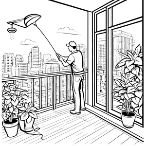 Hochmotivierter Fensterputzer mit klarer Aussicht Ausmalmotiv für kleine Sauberkeitsfanatiker