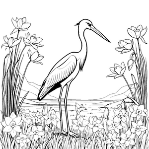Majestätischer Storchenstorch in blühendem Landschaftsbild Ausmalvorlage für kreative Naturliebhaber