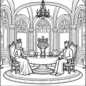 Majestätisches Festmahl im königlichen Saal Ausmalbild für junge Hofdamen und Edelleute