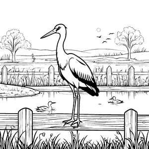 Stolzer Storch im blühenden Garten Ausmalbild für fantasievolle Entdecker