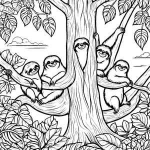 Lustige Faultiere entspannen hoch oben im Baum Ausmalmotiv für träumerische Abenteurer
