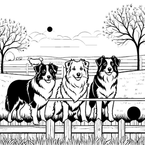 Drei fröhliche Australian Shepherds am Gartenzaun Ausmalmotiv für tierliebe Künstler