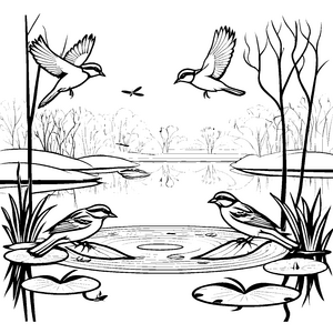 Spritzige Vögel beim Planschen im Teich Malvorlage für abenteuerlustige Naturliebhaber