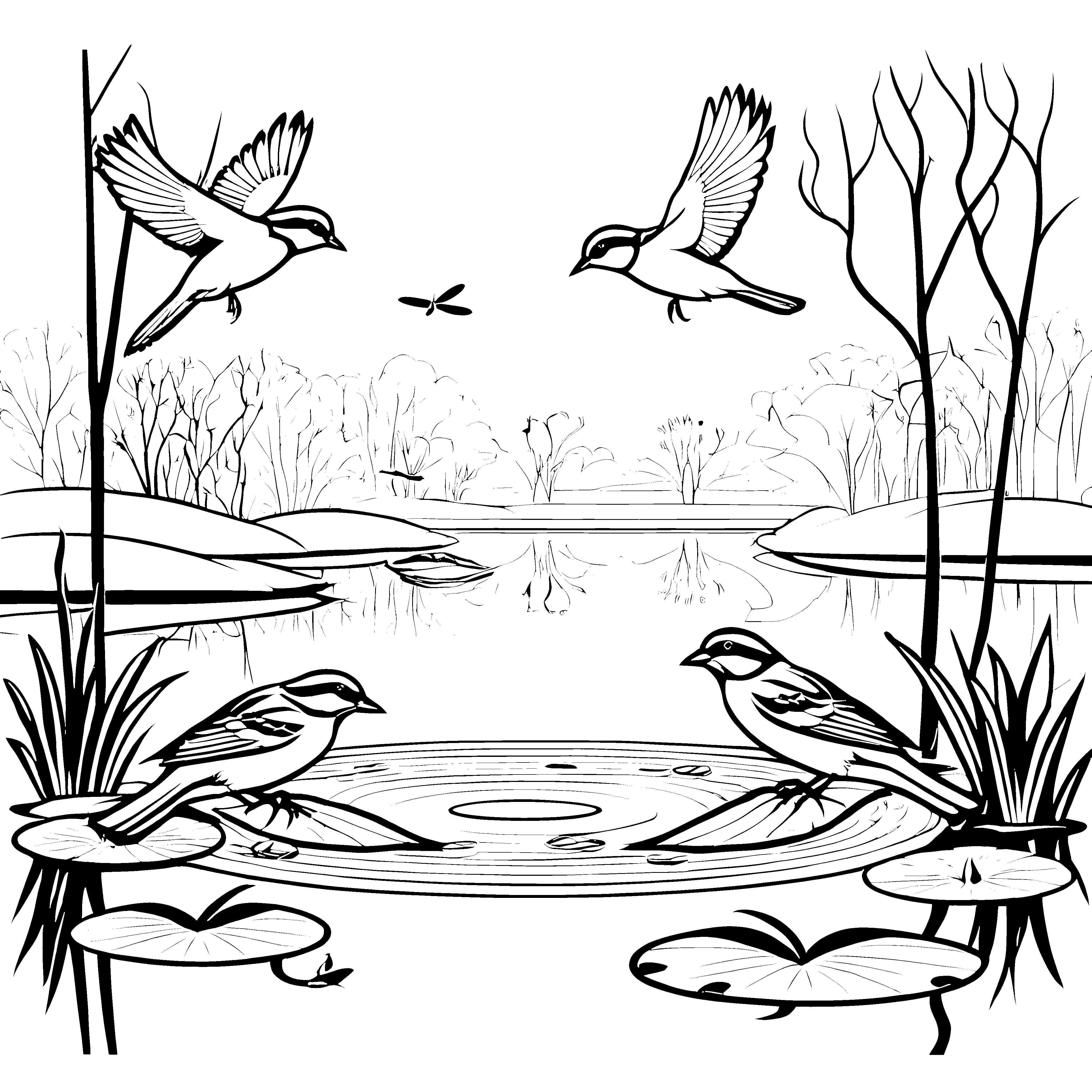 Spritzige Vögel beim Planschen im Teich Malvorlage für abenteuerlustige Naturliebhaber