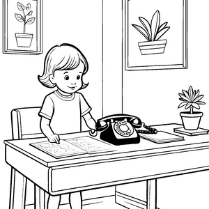 Kreatives Festnetztelefon im gemütlichen Wohnzimmer Ausmalbild für kleine Kommunikationskünstler