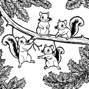 Verspielte Flughörnchen-Babys auf wackerem Ast Ausmalvorlage für neugierige Tierfreunde