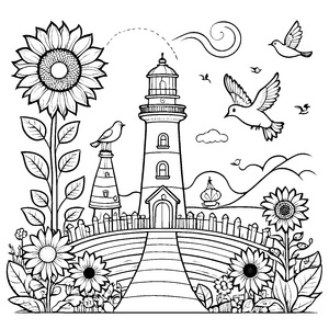 Leuchtturm im blühenden Garten Ausmalbild für kreative Küstenentdecker