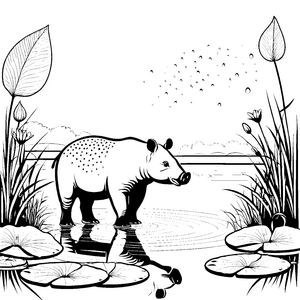 Tapir im glitzernden Wasser mit bunten Pflanzen Ausmalbild für fröhliche Naturliebhaber