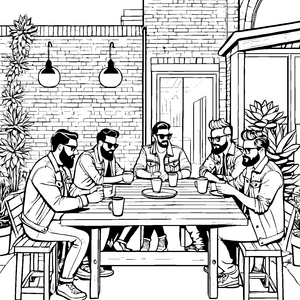 Modische Hipster bei entspanntem Kaffeeklatsch Ausmalbild für kreative Trendsetter
