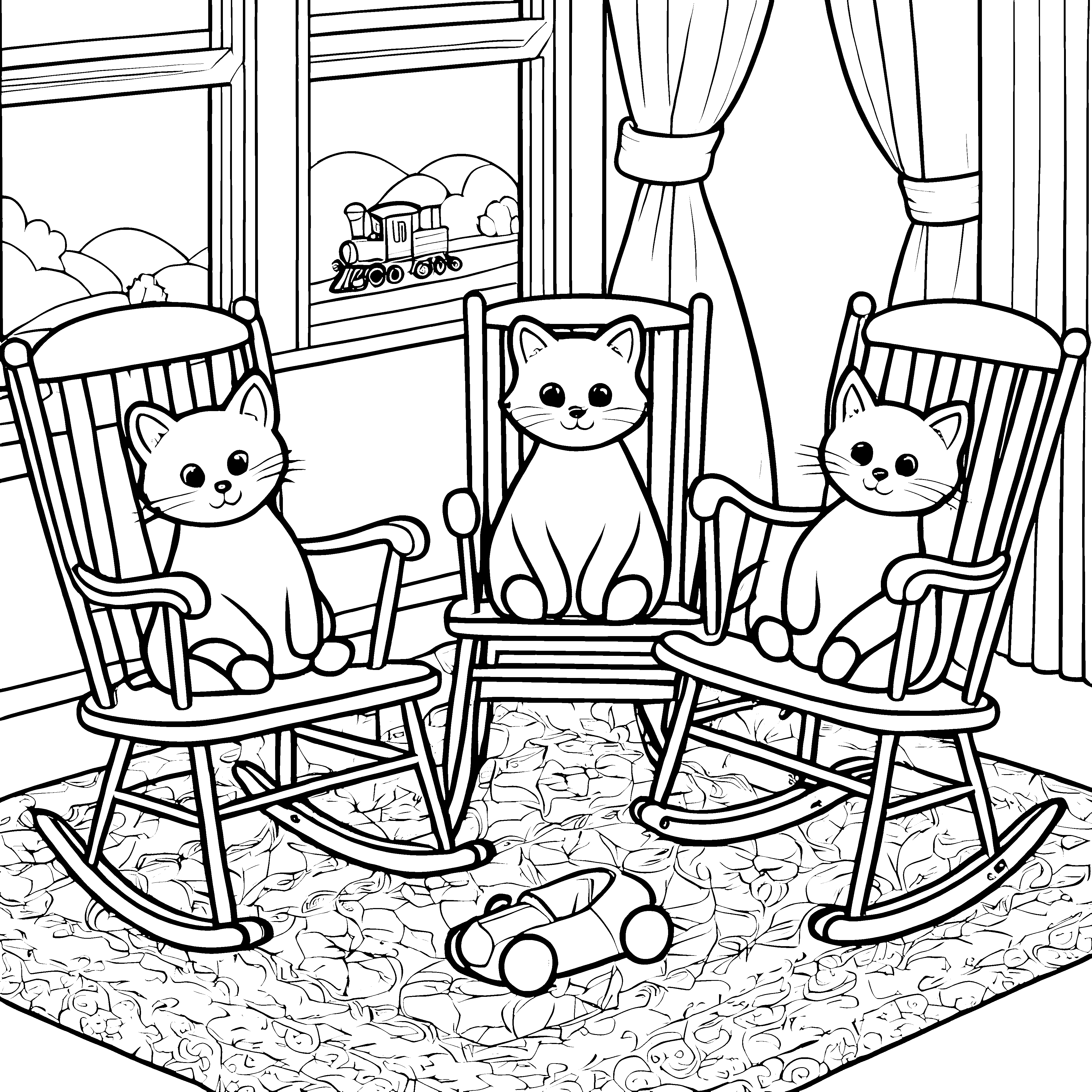 Drei kuschelige Schmusekatzen im Schaukelstuhl Ausmalbild für kreative Traumfänger