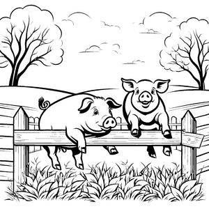 Spritzige Schweine springen fröhlich über den Zaun Ausmalvorlage für neugierige Tierfreunde
