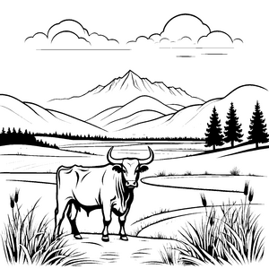 Starker Stier vor majestätischer Berglandschaft Ausmalbild für abenteuerliche Entdecker