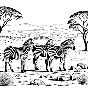 Zebras auf Abenteuer in der Savanne Ausmalvorlage für neugierige Tierfreunde