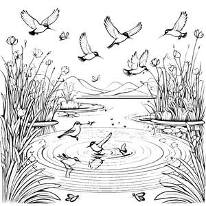 Fröhliche Vögel beim erfrischenden Bad Ausmalmotiv für kleine Wasserliebhaber