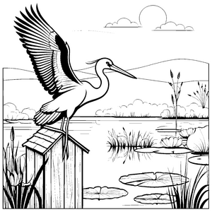 Schicker Storch auf dem Dachs des Häuschens Ausmalmotiv für kreative Naturliebhaber