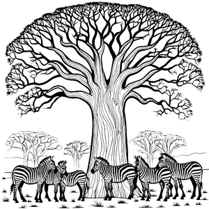 Verspielte Zebra-Jungtiere unter majestätischem Baum Ausmalvorlage für neugierige Naturentdecker