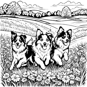 Drei lebhafte Australian Shepherds im bunten Blumenfeld Ausmalvorlage für farbenfrohe Künstler